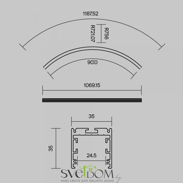 Радиусный профиль 35x35 Ø1500мм внутренний 1/4 круга черный ALM-3535R-B-IN-90°-1.5M