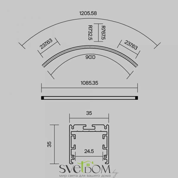 Радиусный профиль 35x35 Ø1500мм 1/4 круга черный ALM-3535R-B-D-90°-1.5M