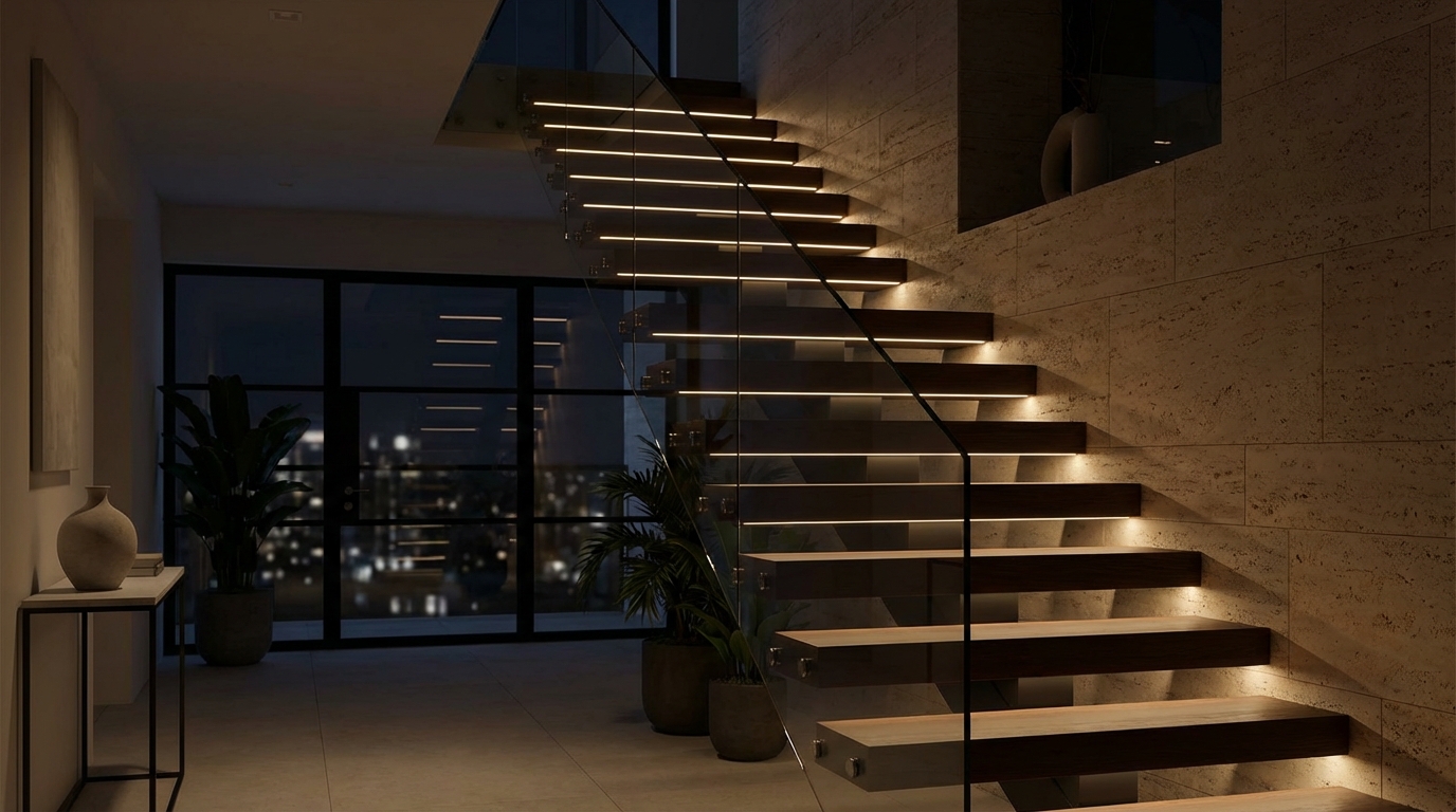 Современная лестница с автоматической подсветкой