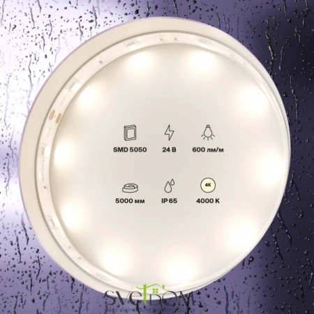 Светодиодная лента 24В 5050 7,2Вт/м 4000K 5м IP65 10164