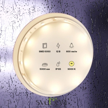 Светодиодная лента 12В 5050 7,2Вт/м  3000K 5м IP65 10123